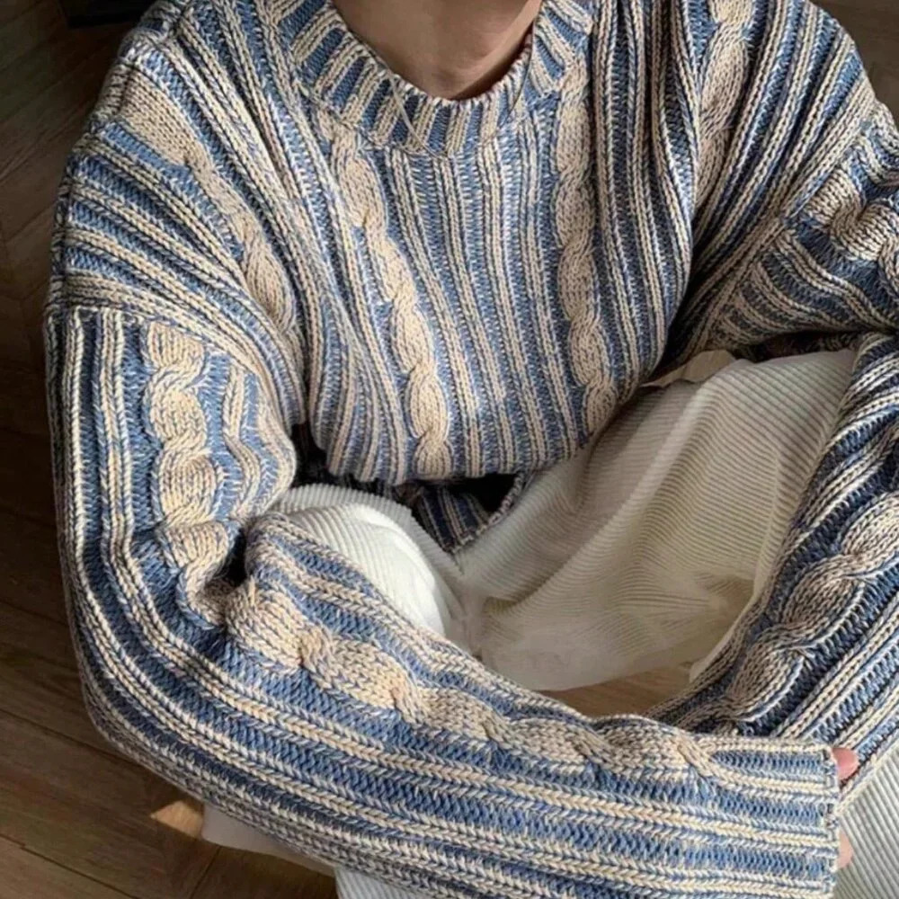 Multicolor Casual Men's Twisted Rope Accent Crew Neck Sweater